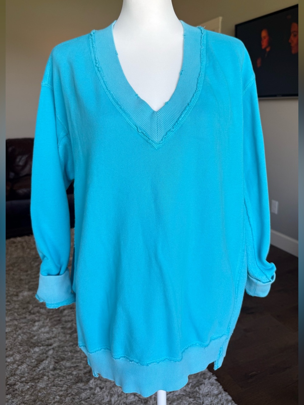 Aerie Oversized Turquoise V-Neck Women’s Pullover Size XS